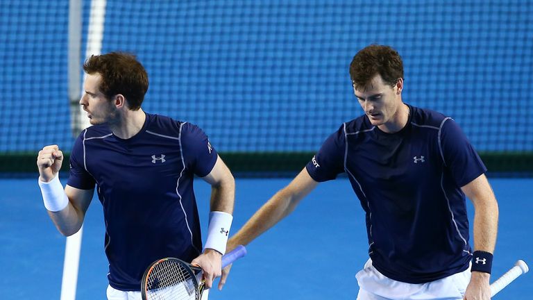 Andy Murray and Jamie Murray of Great Britain celebrate a point