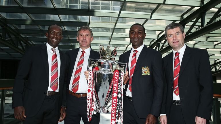 (L-R) Dwight Yorke, Bryan Robson, Andy Cole and Denis Irwin
