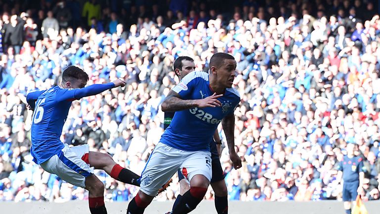 Andy Halliday scores the third goal for Rangers against Dundee