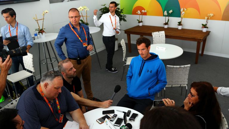 Andy Murray talks to members of the media during day 2 of the Miami Open