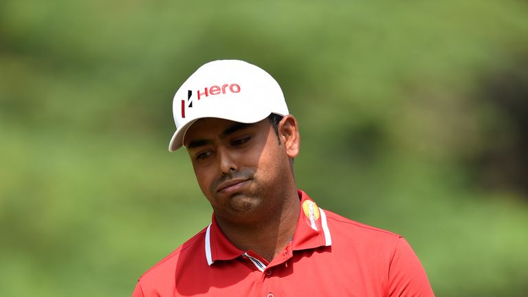 NEW DELHI, INDIA - MARCH 20:  Anirban Lahiri of India reacts to a shot on the third during the fourth round of the Hero Indian Open at Delhi Golf Club on M