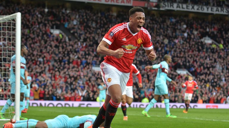 Manchester United's French striker Anthony Martial celebrates