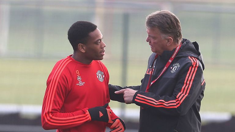 Louis van Gaal makes a point Anthony Martial in training