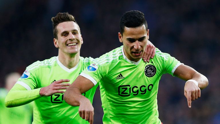 Anwar El Ghazi (R) of Ajax celebrates scoring his teams second goal of the game with Arkadiusz Milik during the Eredivi