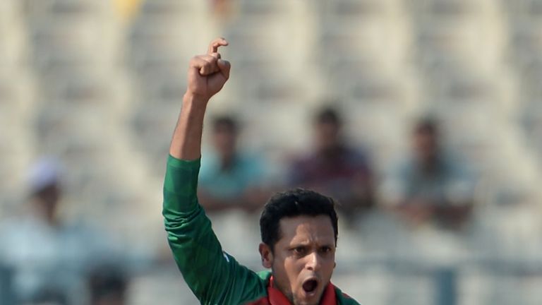 Bangladesh's Arafat Sunny celebrates after the dismissal of Pakistan's batsman Sharjeel Khan during the World T20 cricket tournament match