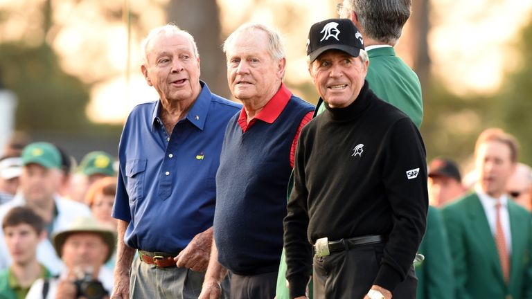 Arnold Palmer, Jack Nicklaus and Gary Player before hitting the ceremonial opening tee shots in 2015