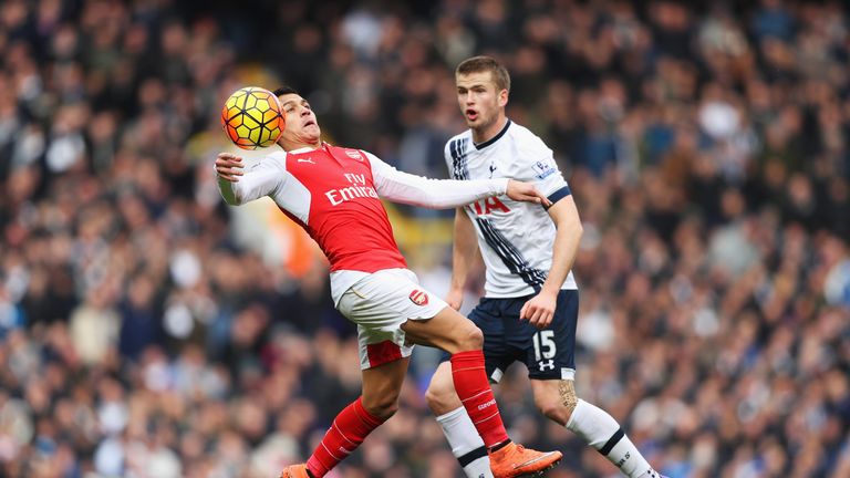 Alexis Sanchez of Arsenal controls the ball as Eric Dier of Tottenham challenges