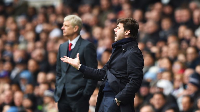 Tottenham boss Mauricio Pochettino makes his point as Arsenal manager Arsene Wenger looks on
