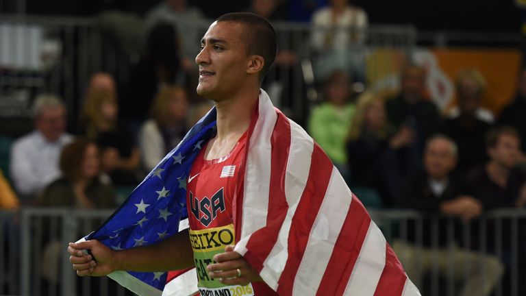The USA's Ashton Eaton celebrates winning the heptathlon at the IAAF World Indoor Championships in Portland