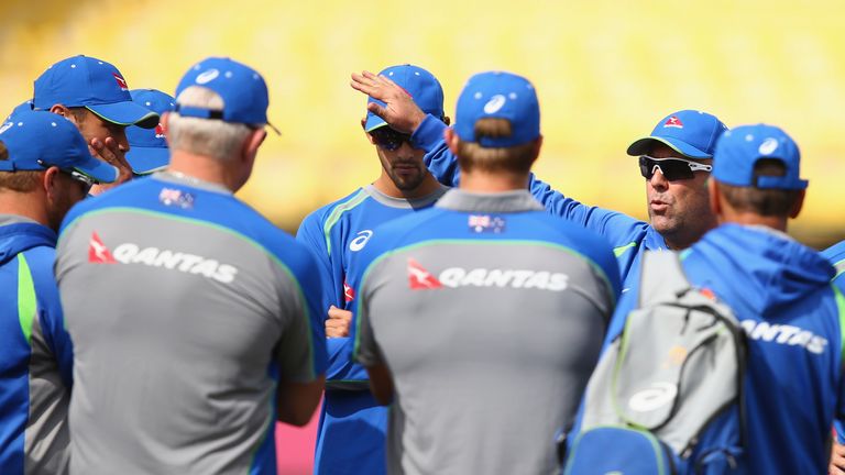 Australia coach Darren Lehmann dishes out instructions to the players during a net session
