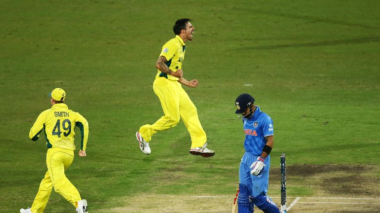 Mitchell Johnson celebrates the wicket of Virat Kohli during last year's World Cup semi-final in Sydney