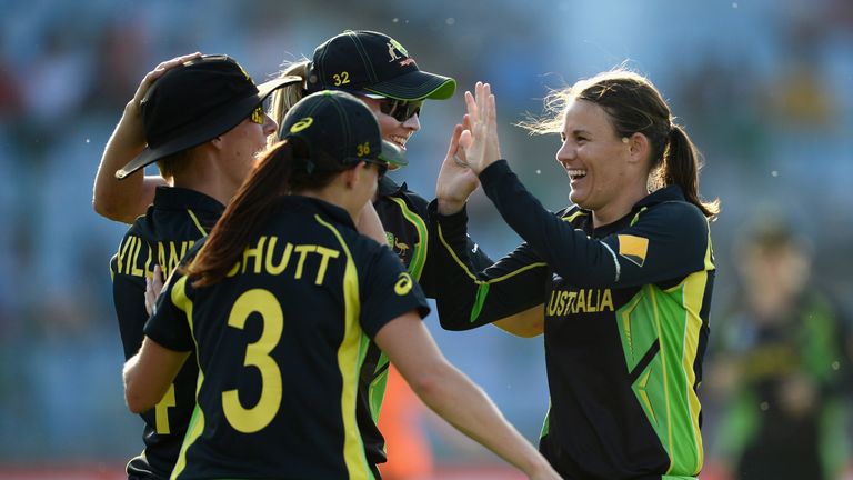 DELHI, INDIA - MARCH 30:  Rene Farrell  of Australia celebrates with teammates after dismissing Heather Knight fo England during the Women's ICC World Twen