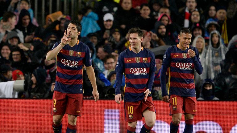 Luis Suarez celebrates Lionel Messi and Neymar
