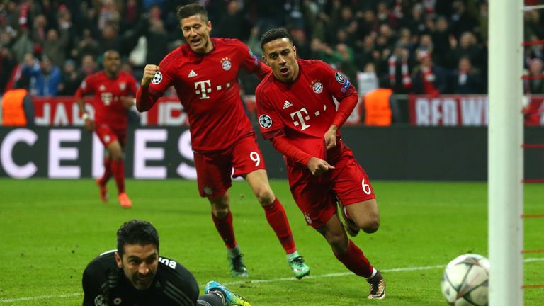 Thiago Alcantara celebrates scoring Bayern's third goal