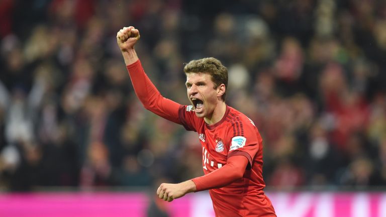 Bayern Munich's midfielder Thomas Muller celebrates scoring against Werder Bremen