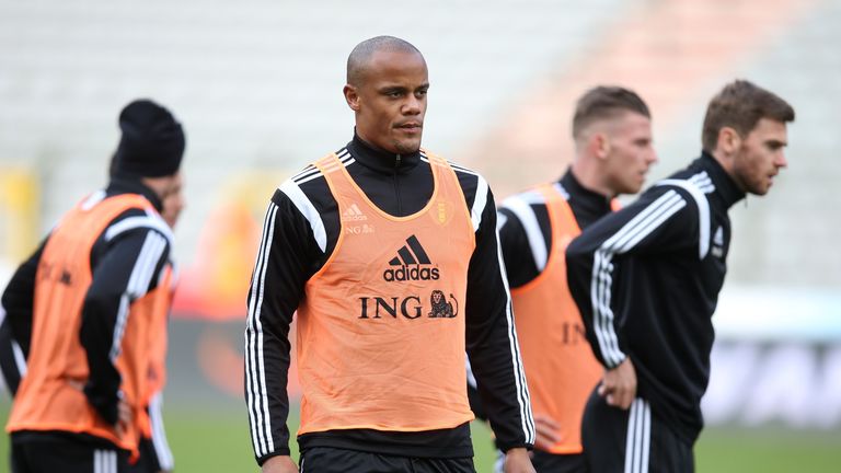 Vincent Kompany trains with his Belgium team-mates