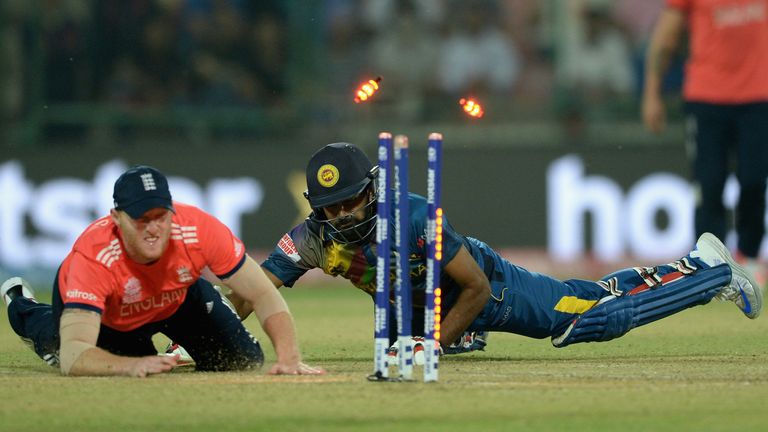 Ben Stokes of England runs out Lahiru Thirimanne of Sri Lanka during the ICC World Twenty20