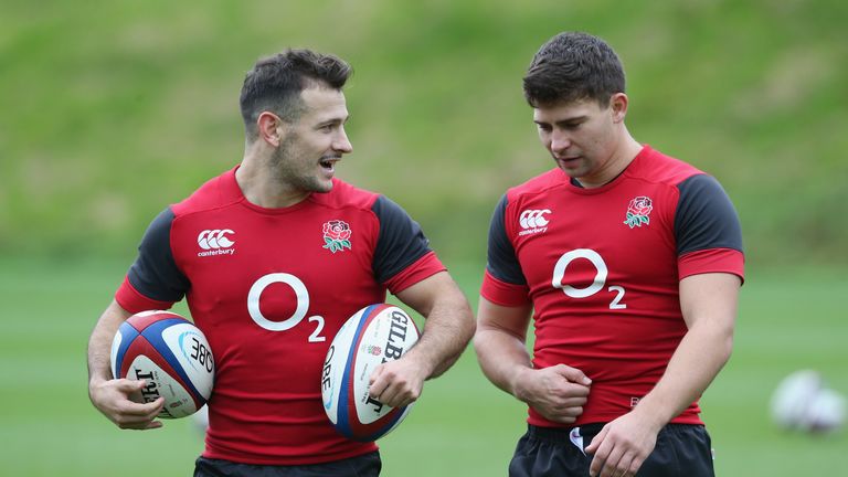 Danny Care (left) and Ben Youngs, the England scrum-halves, look on  during the England training session at Pennyhill Park