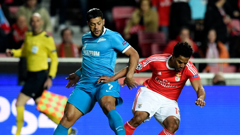 Zeni forward Hulk (left) tackles Benfica defender Eliseu during the Champions League last-16 first leg