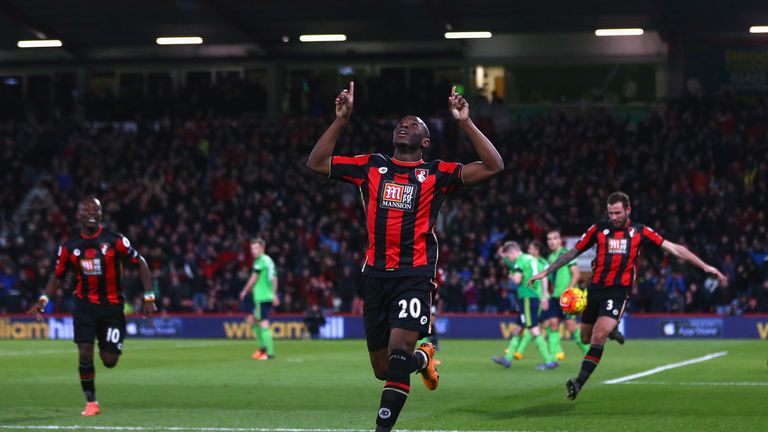Bournemouth's Benik Afobe celebrates scoring his team's second goal against Southampton