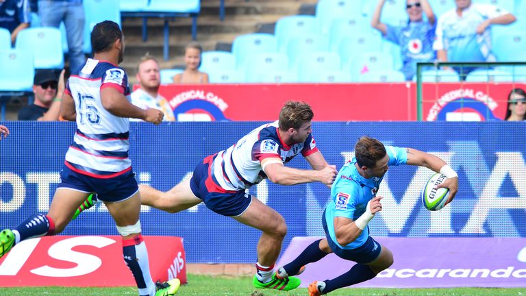 Bjorn Basson of the Bulls is tackled  during the 2016 Super Rugby match between Vodacom Bulls and Rebels at Loftus Versfeld