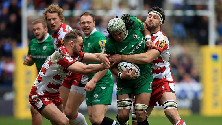 Blair Cowan of London Irish powers through the Gloucester defence during the sides' Aviva Premiership clash