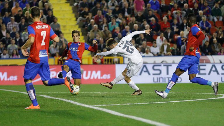 Borja Mayoral of Real Madrid score the goal during the La Liga match between Levante and Real Madrid at Ciutat de Valencia on March 02