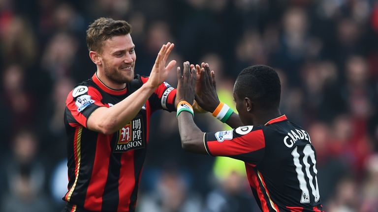 Max Gradel (R) of Bournemouth celebrates scoring his team's first goal with his team mate Simon Francis (L) 