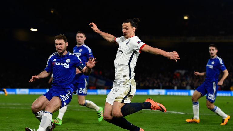 Branislav Ivanovic halts Zlatan Ibrahimovic during Chelsea's Champions League loss to PSG at Stamford Bridge.