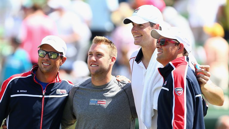 United States team Mike Bryan, Jack Sock, John Isner and Bob Bryan celebrate victory over Australia