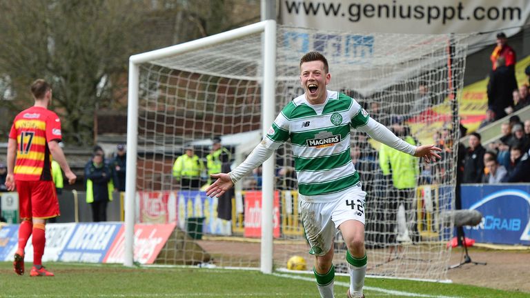 Callum McGregor of Celtic celebrates scoring a goal in the second half during the Scottish Premiership match with Partick Thistle