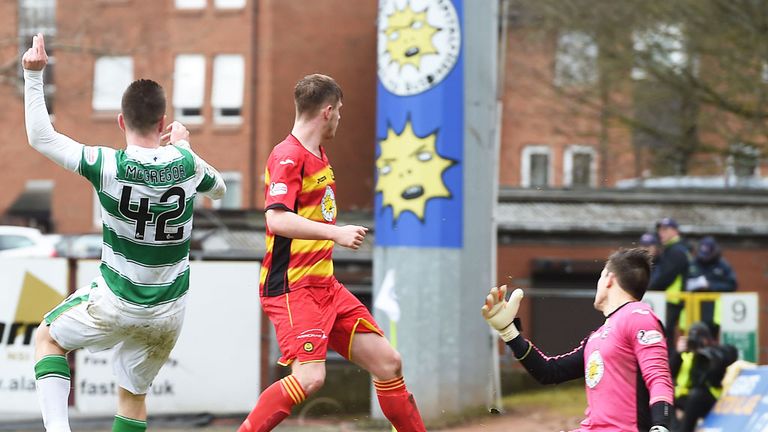 Callum McGregor scores Celtic's second goal against Partick in the Glasgow derby