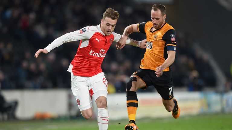 Calum Chambers of Arsenal is challenged by David Meyler of Hull City