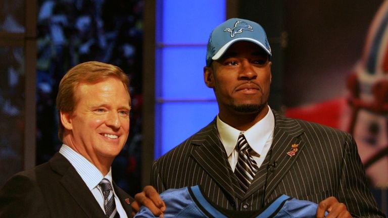 NFL Commissioner Roger Goodell, left with Calvin Johnson WR out of Georgia Tech chosen number two by the Detroit Lions during the NFL draft at Radio City M
