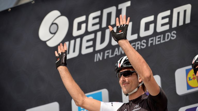 Swiss Fabian Cancellara of Trek Factory Racing waves at the start of the 76th edition of the Gent-Wevelgem one day cycling race (233 km from Deinze to Weve
