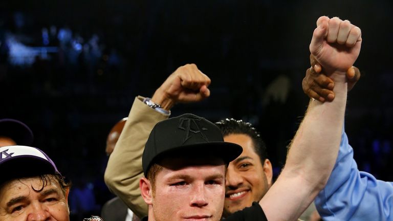 Canelo Alvarez celebrates after defeating Miguel Cotto in their middleweight fight at the Mandalay Bay Events Center on November 21, 2015 in Las Vegas