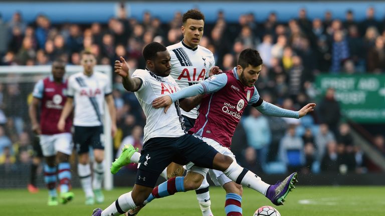 Carles Gil of Aston Villa battles with Danny Rose of Tottenham Hotspur