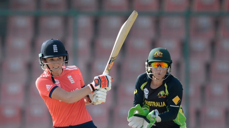 DELHI, INDIA - MARCH 30:  England captain Charlotte Edwards bats during the Women's ICC World Twenty20 India 2016 Semi Final between England and Australia 
