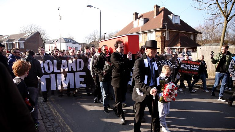 LONDON, ENGLAND - MARCH 13:  Charlton fans protest against the current owners ahead of the Sky Bet Championship match between Charlton Athletic and Middles