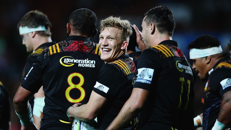 Damian McKenzie of the Chiefs celebrates after winning the round five Super Rugby match between the Chiefs and the Western Force