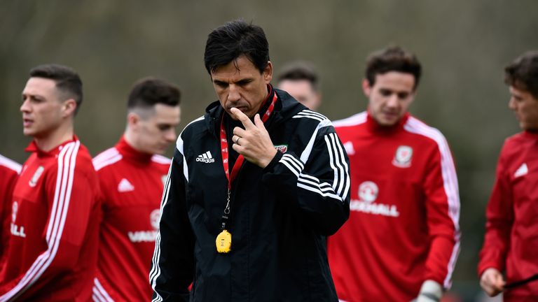 Wales head coach Chris Coleman looks on during training