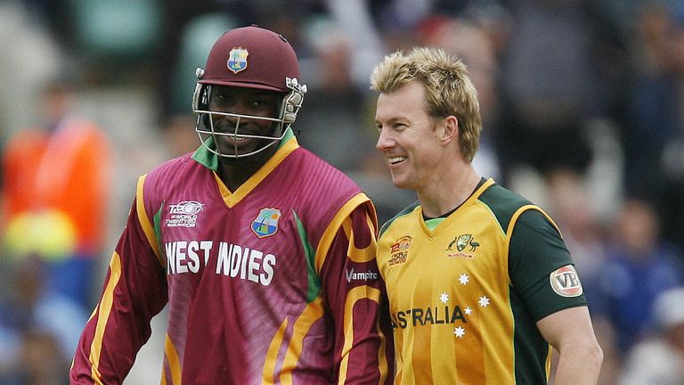 Brett Lee (right) congratulates Chris Gayle on his explosive knock