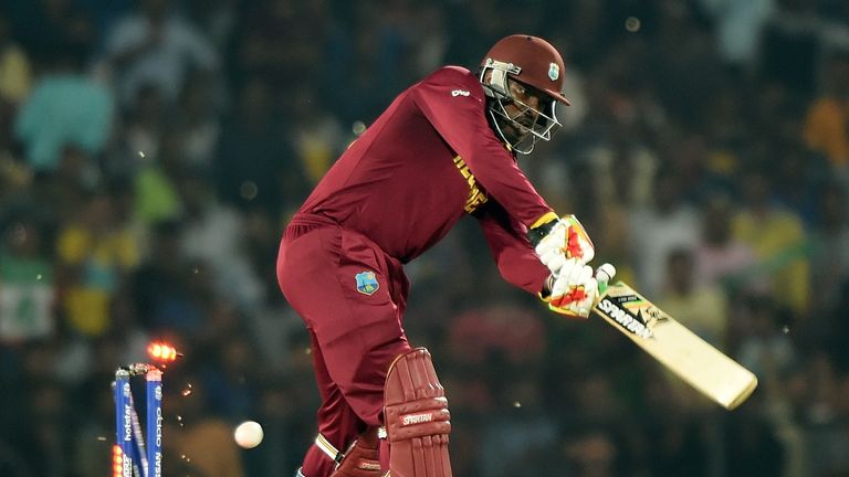 West Indies batsman Chris Gayle is bowled during the World T20 cricket tournament