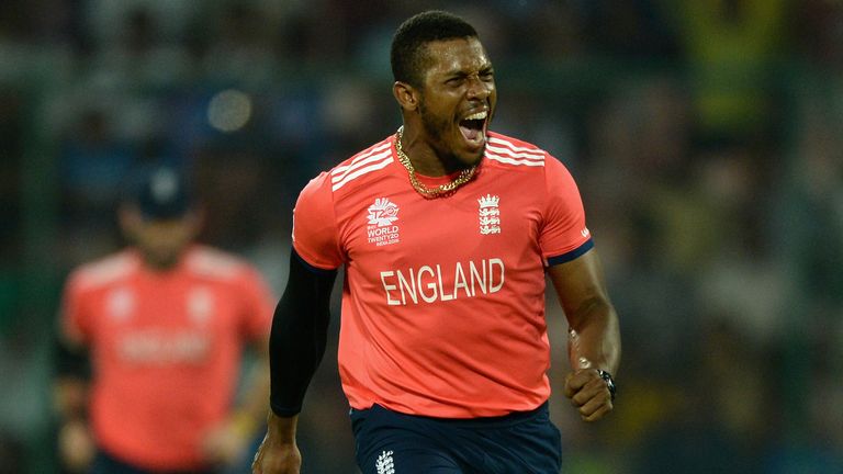 Chris Jordan of England celebrates dismissing Dinesh Chandimal of Sri Lanka at the World Twenty20