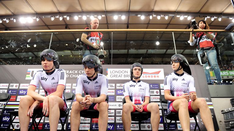 From left, Ciara Horne, Laura Trott, Elinor Barker, Joanna Rowsell Shand, UCI Track Cycling World Championships, team pursuit (Picture: SWpix.com)