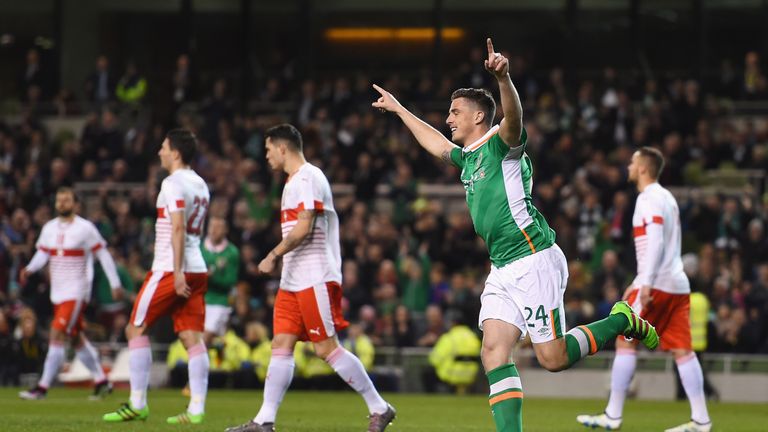 Ciaran Clark of Republic of Ireland celebrates scoring the opening goal