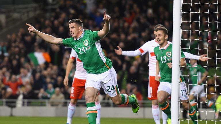 DUBLIN, IRELAND - MARCH 25:  Ciaran Clark of Republic of Ireland celebrates scoring the opening goal during the International Friendly match between Republ