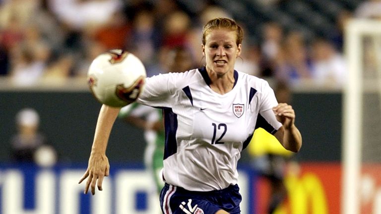 United States forward Cindy Parlow races for  the ball  Thursday, September 25, 2003 at Lincoln Financial Field, Philadelphia during  the opening round of 