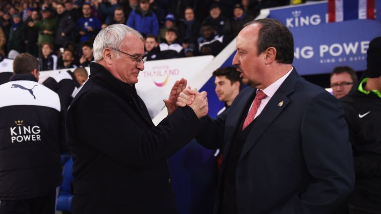 LEICESTER, ENGLAND - MARCH 14:  Claudio Ranieri manager of Leicester City (L) and Rafael Benitez manager of Newcastle United shake hands prior to the Barcl