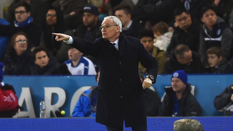 Claudio Ranieri gestures during the Barclays Premier League match between Leicester City and West Bromwich Albion at The King Power Stadium